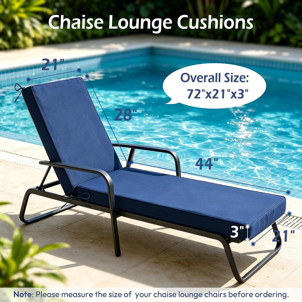 Chaise Lounge Cushions Outdoor Set of 2, 72"x21"x3", Navy Blue