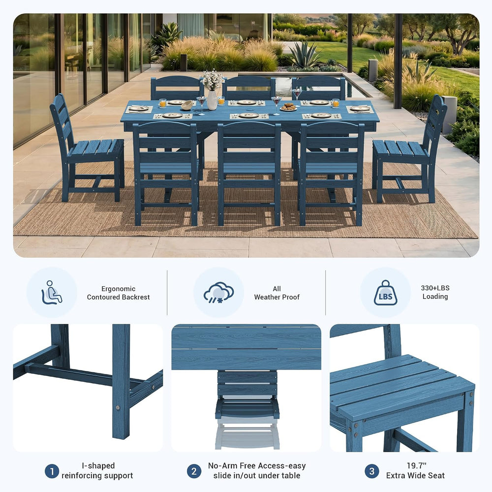 KINGYES Outdoor Dining Set,84'' Table w/Umbrella Hole & Armless C...