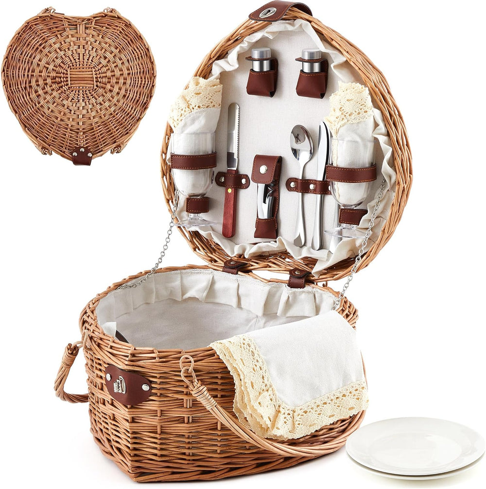 Willinglong Heart Picnic Basket with 2 Person Tableware Set Wicker Picnic Bas...
