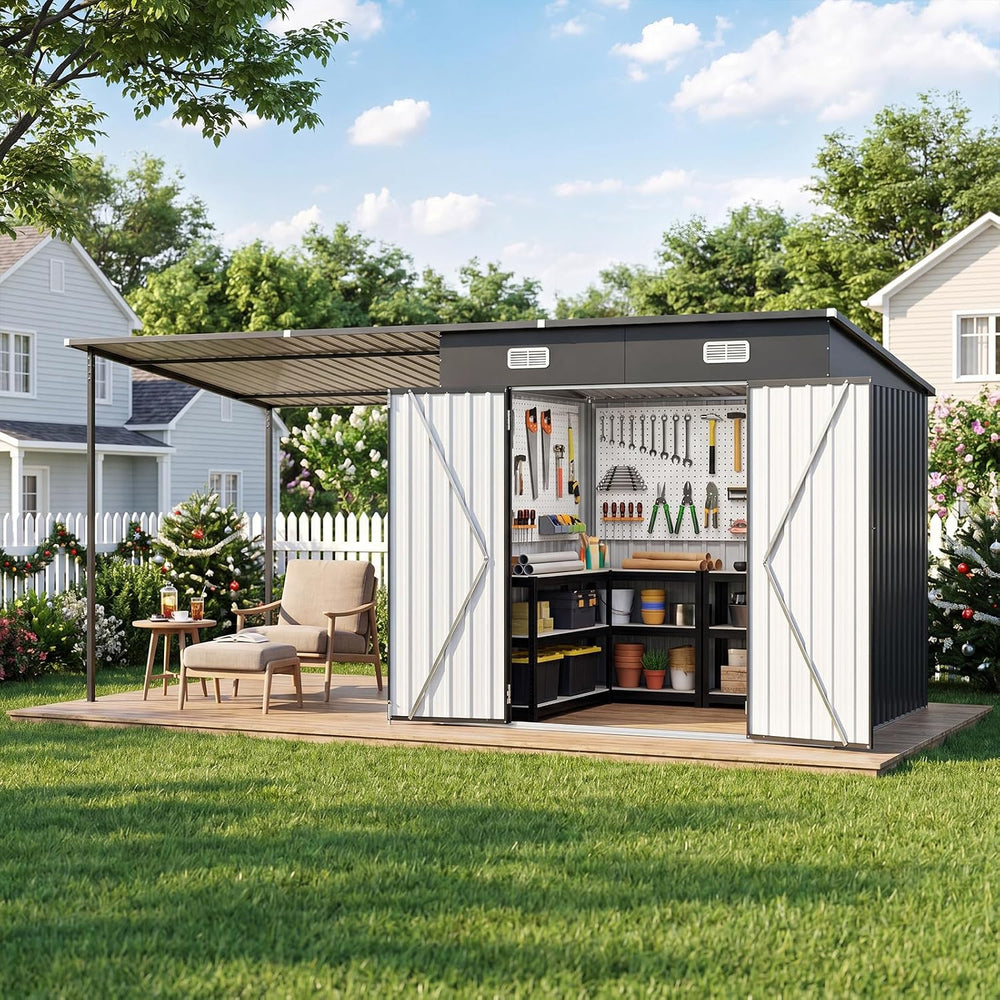 Aoxun 7x6FT Outdoor Storage Shed & Hardtop Canopy Gazebo Combo