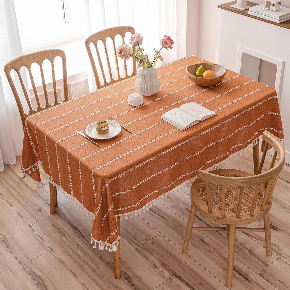 Burnt Orange Linen Rectangle Table Cloth with Tassel Farmhouse Burlap Tablecl...