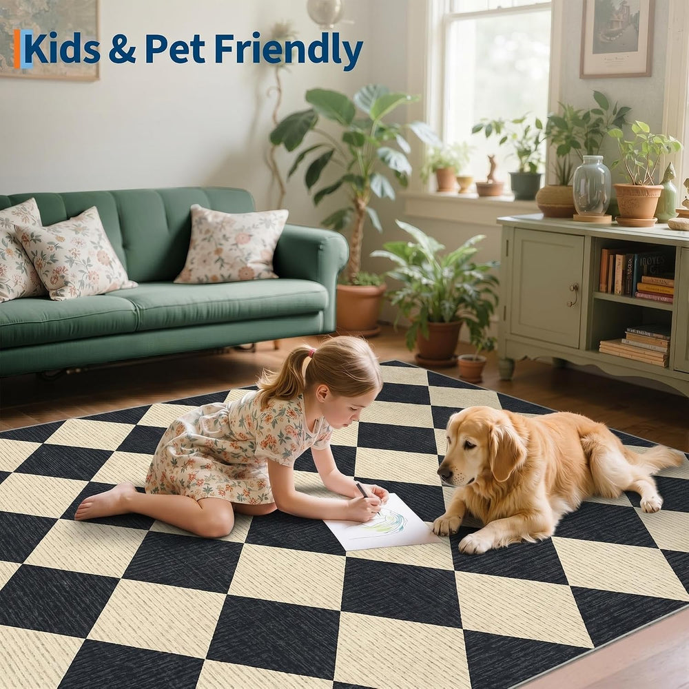 GarveeHome 5x7 Checkered Area Rug Black and Brown Washable Living Room Rug