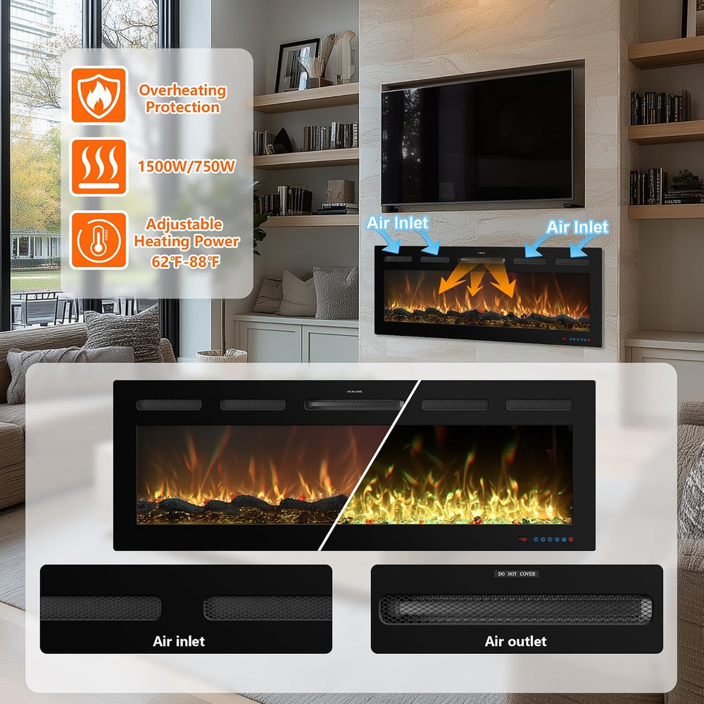 50" Electric Fireplace, Recessed or Wall Mounted, 5.5" Deep, 750W/1...