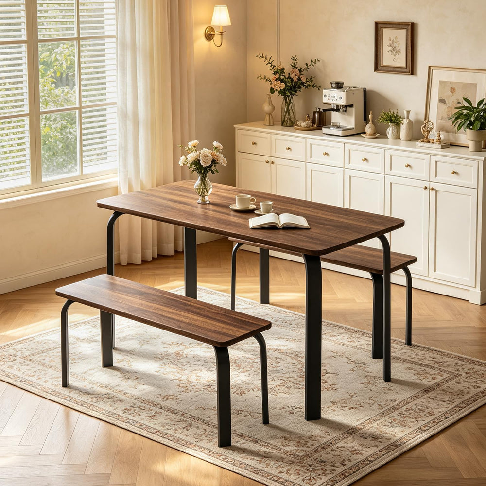47" Dining Table Set for 4, Small Rectangle Kitchen Table Set with 2 Bench