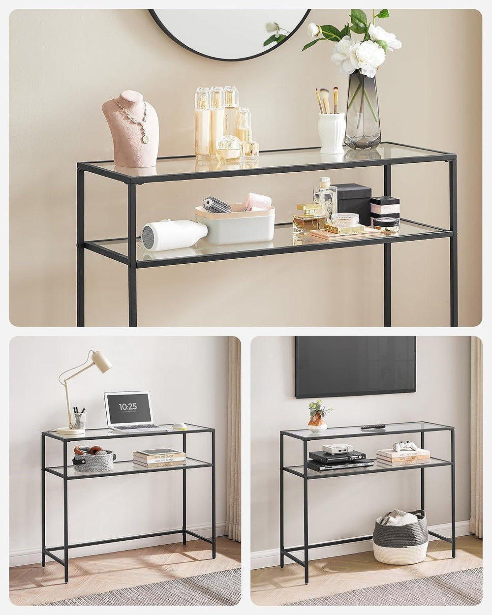 VASAGLE 39.4 Inchs Console Sofa Table, Tempered Glass, 2 Shelves
