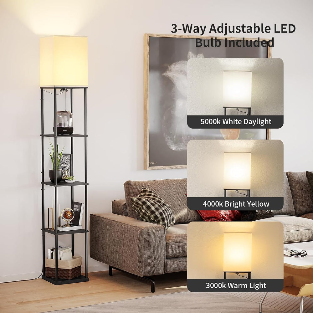 SUNMORY 5 Tier Floor Lamp with Shelves, Modern Square Standing Lamp with 3 Co...