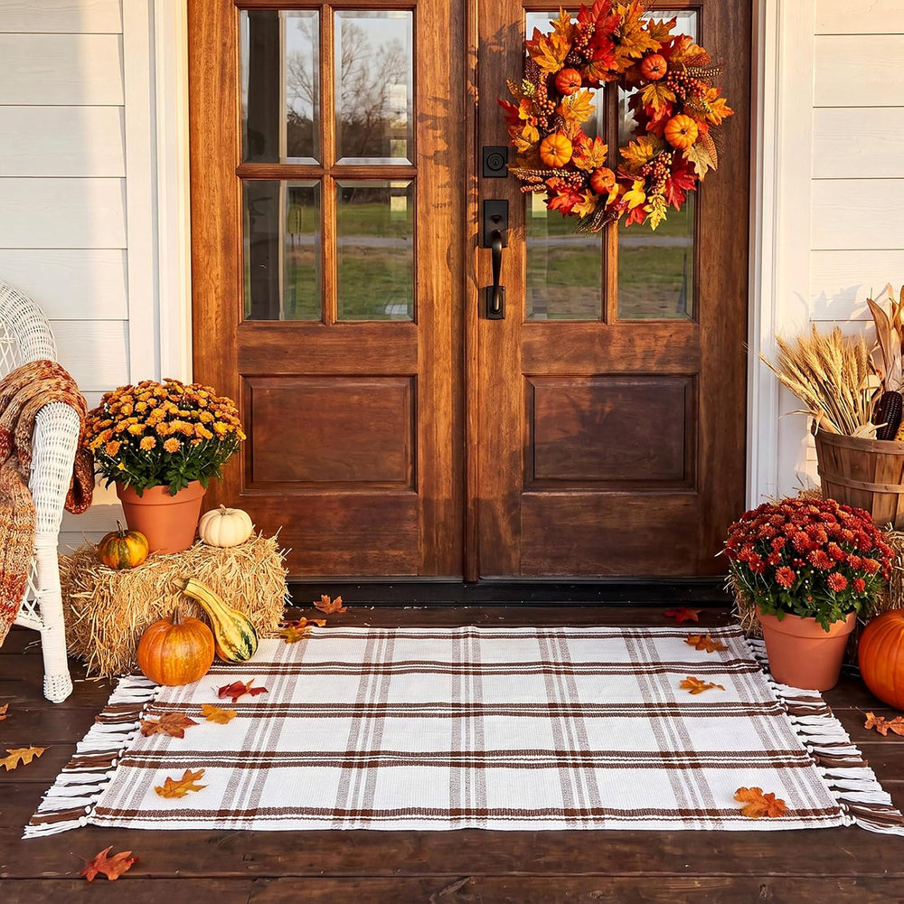 Breling Fall Outdoor Rug 28" x 43" Beige Plaid Door Mat with Tassels