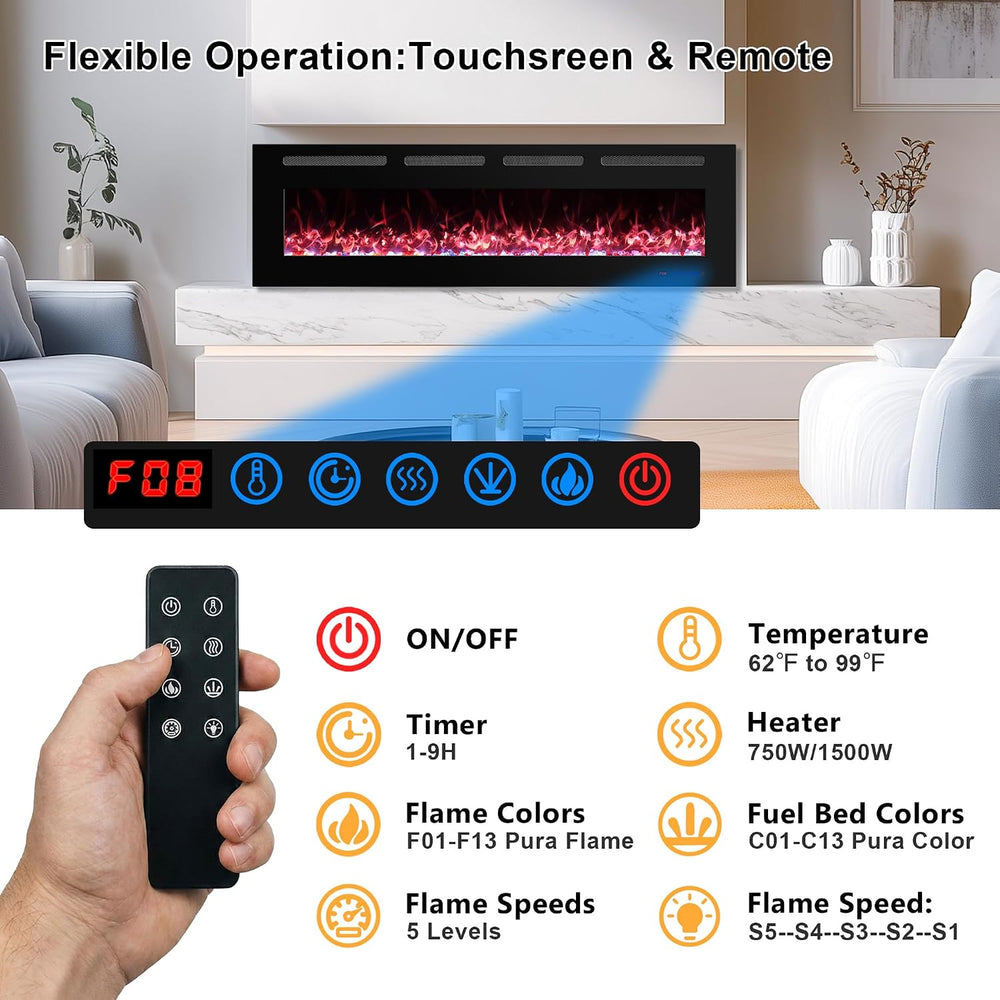 72 in. Ultra-Thin Recessed & Wall Mounted Electric Fireplace