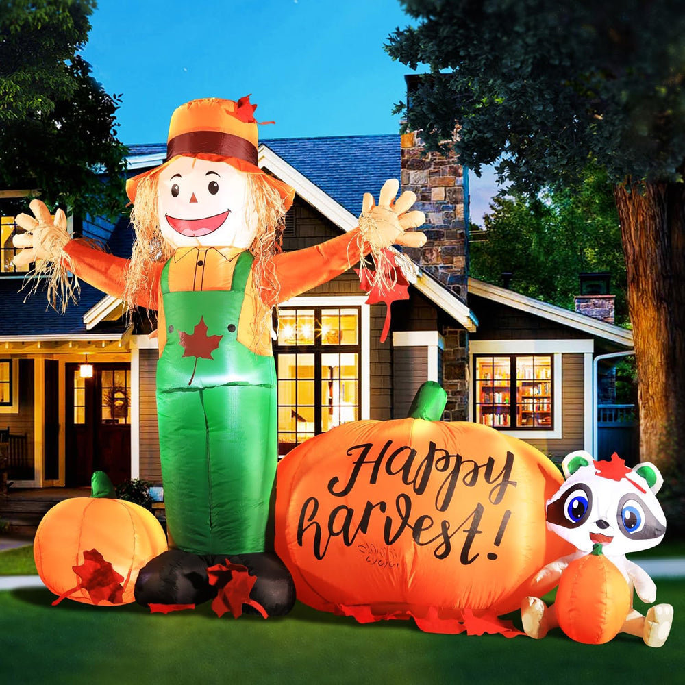 DomKom 6ft Tall LED Lighted Inflatable Scarecrow and Pumpkin โ Halloween Than...