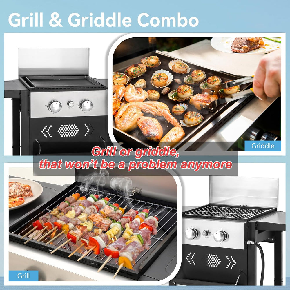 2 in 1 Griddle Grill Combo Small Propane Grill for Outdoor BBQ