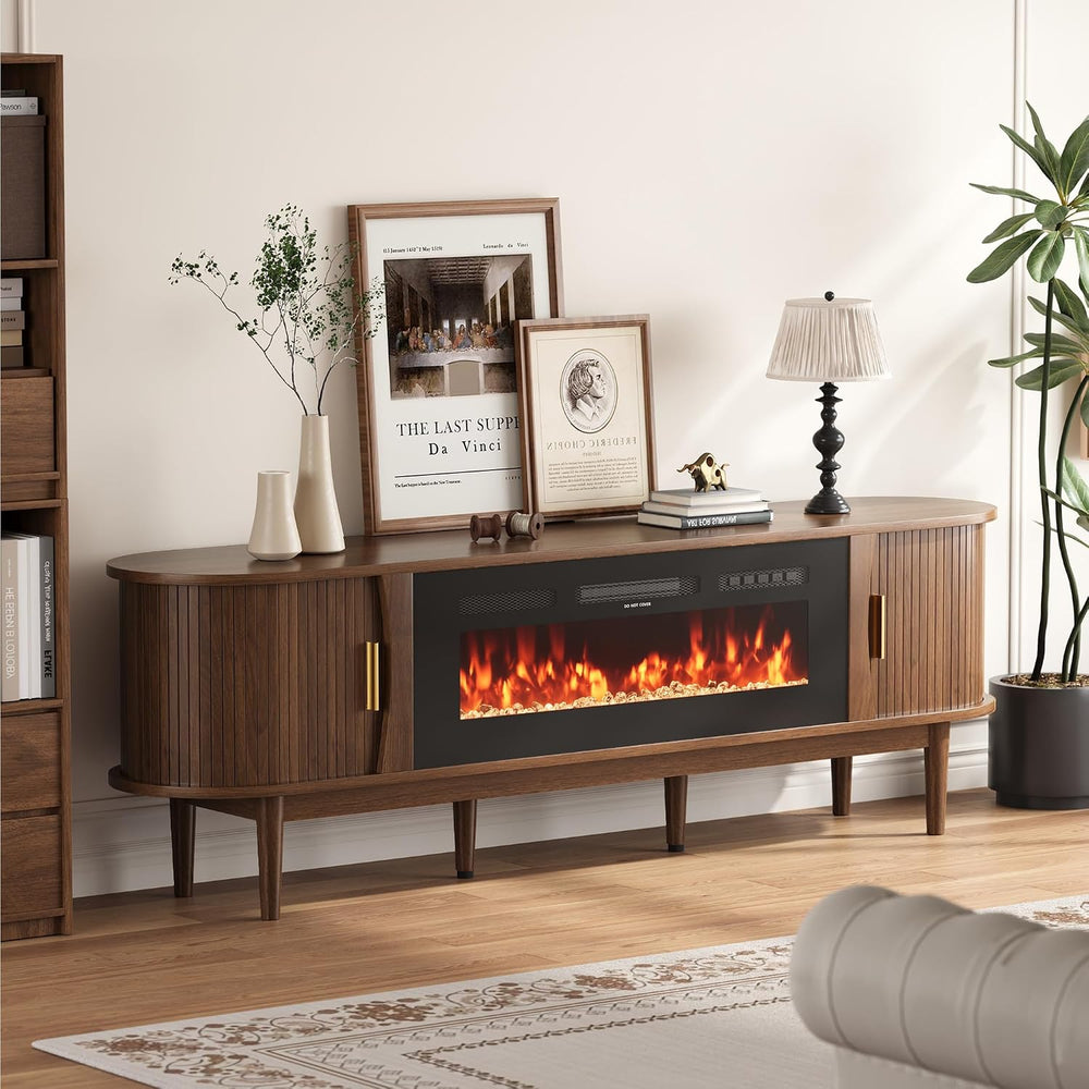 Decofy 70″ Fluted Fireplace TV Stand for 80″ TVs, Entertainment Center with F...