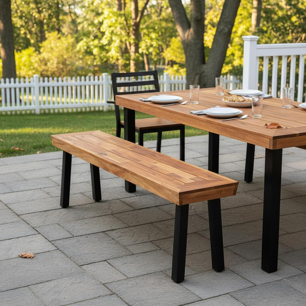 Tangkula Outdoor Acacia Wood Bench, Patio Dining Picnic Bench with Steel Legs...