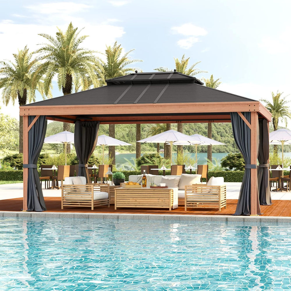 YOLENY 12' x 16' Hardtop Gazebo Faux Wood Grain with Aluminum Frame, ...