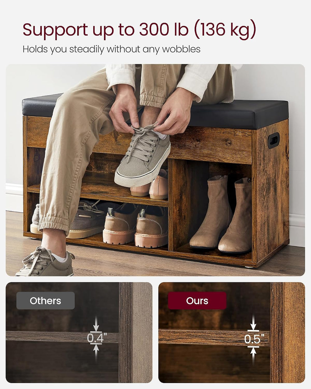 VASAGLE Storage Bench with Cushion, Shoe Bench,11.8 x 31.5 x 17.3 Inches