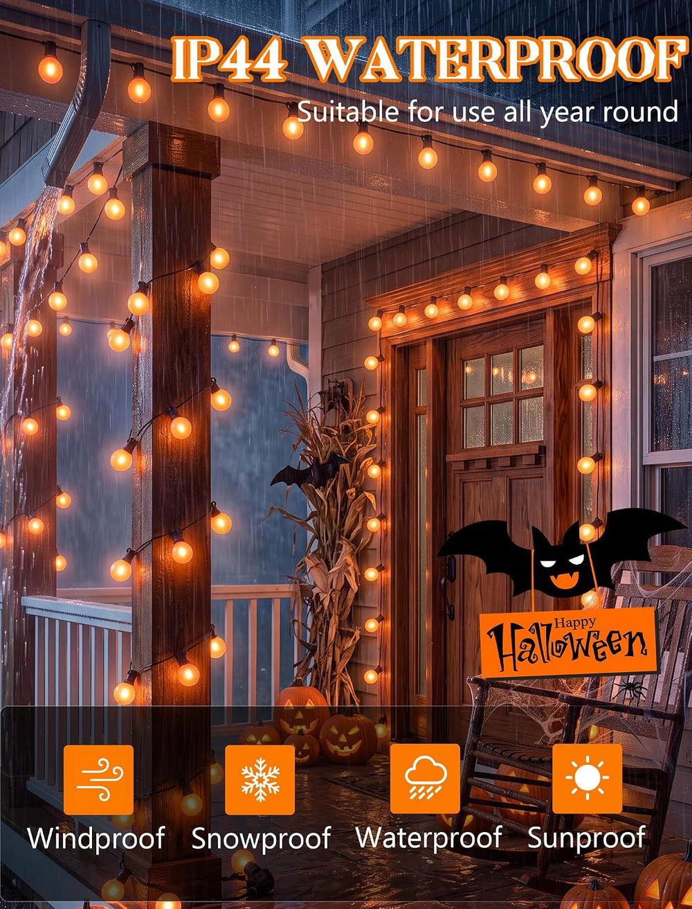 50FT Halloween Orange G40 LED Outdoor String Lights Plug in, 25 Globe Bulbs
