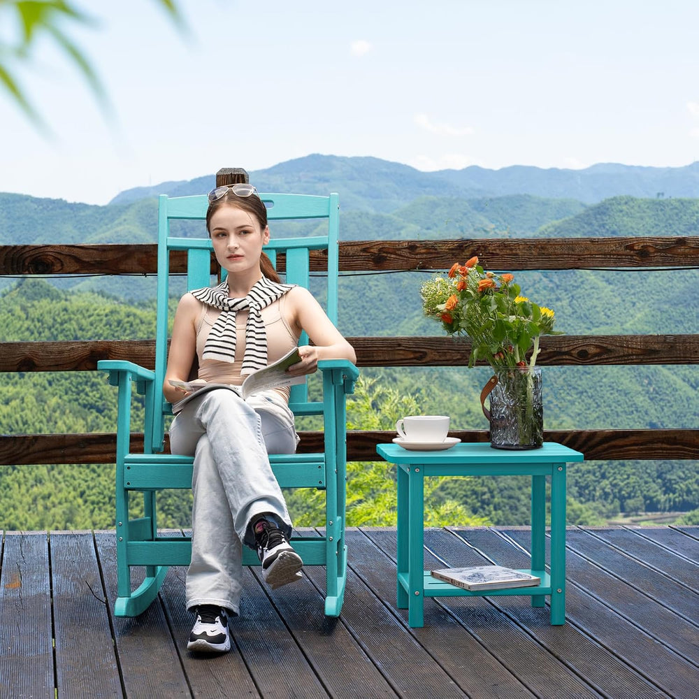 nevilywood 2-Tier Outdoor Side Table, HDPE Patio End Table, Aruba Blue