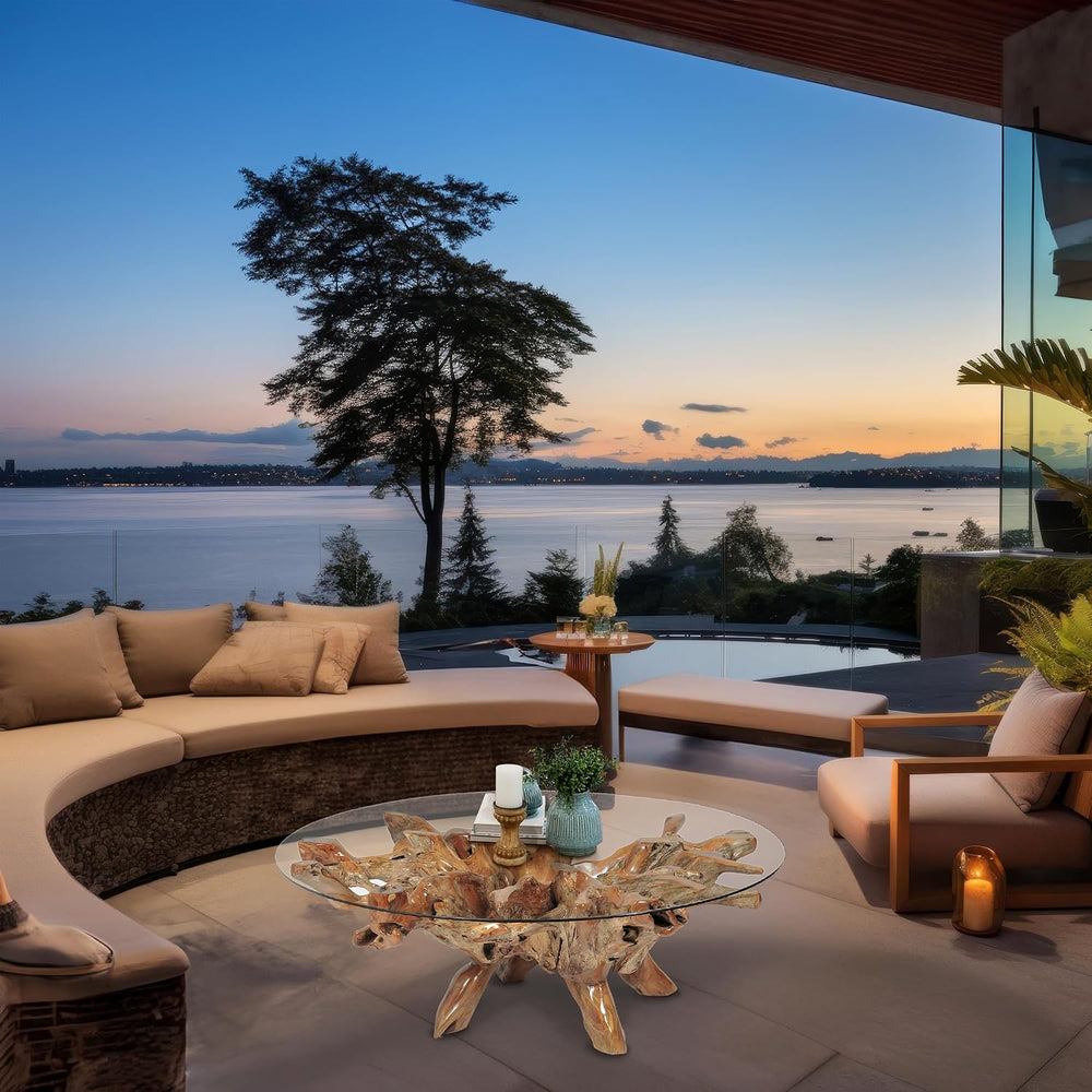 CHIC TEAK Genuine Teak Wood Root Coffee Table Including 55 Inch Round Glass T...