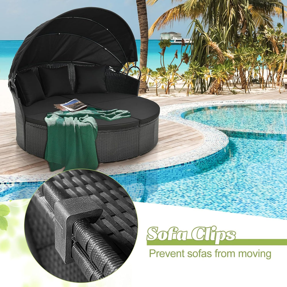 Tangkula Outdoor Patio Round Daybed with Retractable Canopy, Black Rattan Wic...