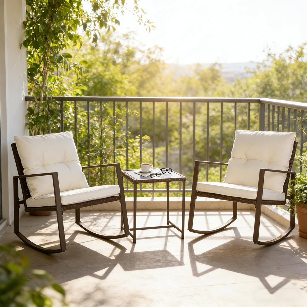 SUNCROWN 3 Piece Outdoor Rocking Bistro Set Brown Wicker Furniture Porch Chai...