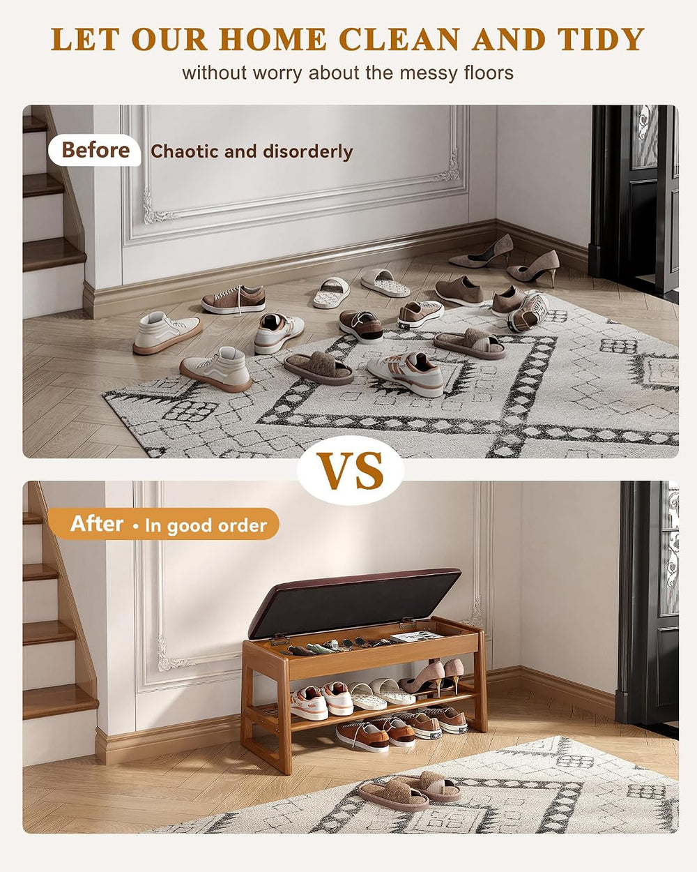 Shoe Rack Bench with Hidden Storage, 2-Tier Solid Rubberwood Entryway Bench w...