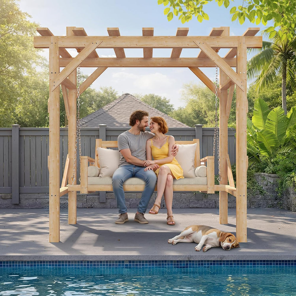 Aoxun 5 FT Cedar Wood Porch Swing, Outdoor Pergola Swing for 3 Person