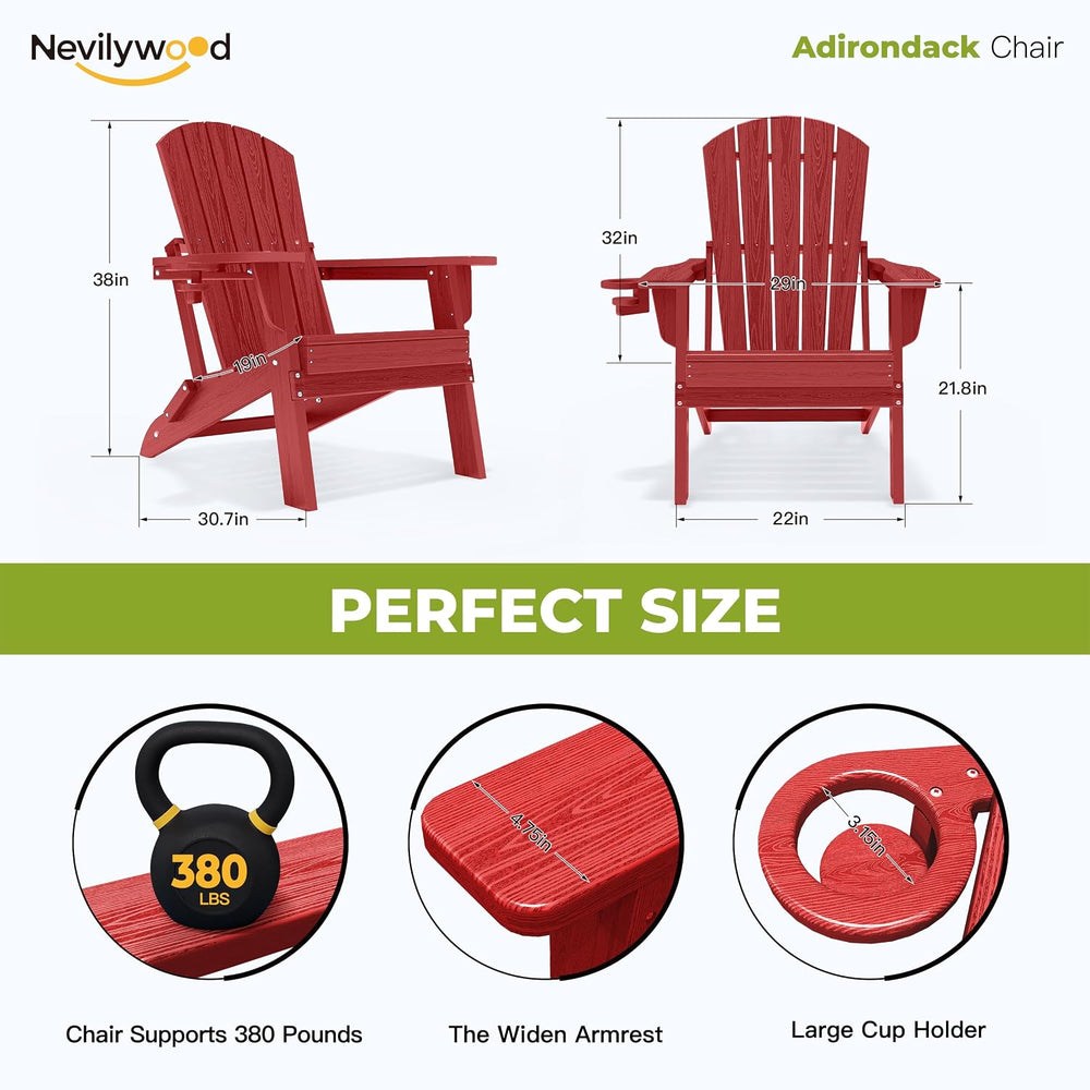 nevilywood Folding Adirondack Chairs Set of 2, HDPE Cup Holders, Red