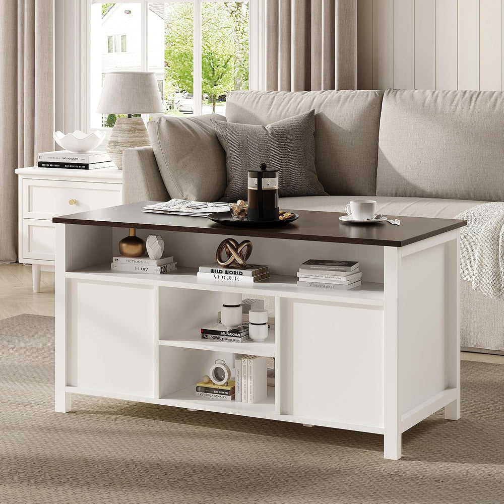 MHOM Farmhouse Coffee Table with Storage, Rustic Living Room Table with Slidi...