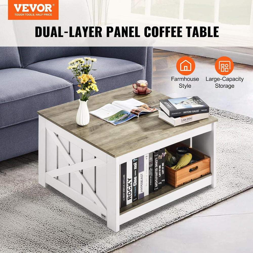 VEVOR 31.5" Farmhouse Coffee Table, Square Coffee Table with Open Storag...