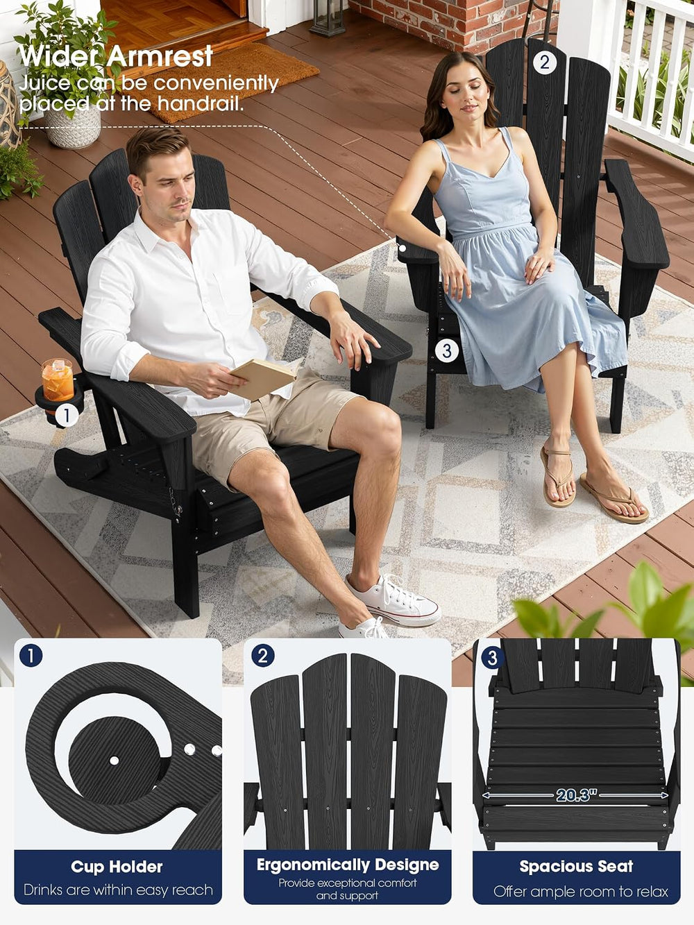 KINGYES Folding Adirondack Chair, All-Weather HDPE Material, Black, 8 Pack (4...