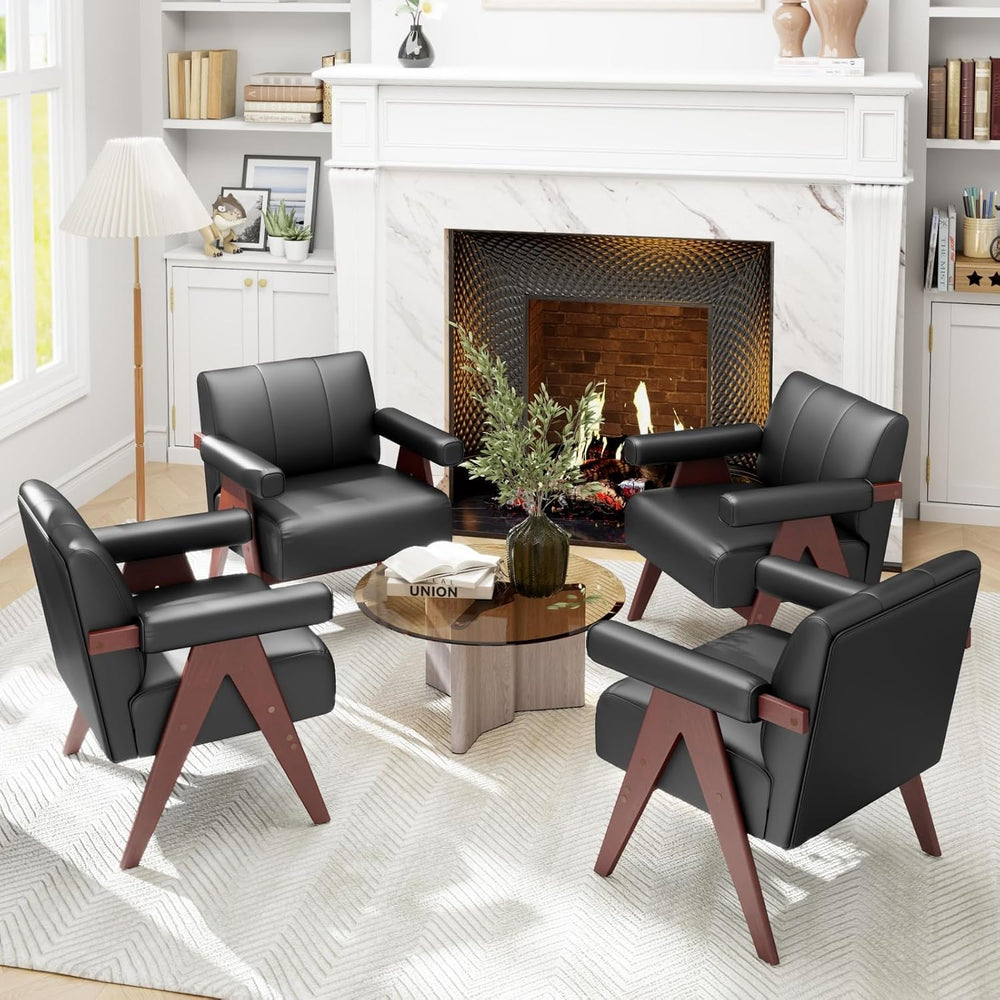 STHOUYN Faux Leather Accent Chairs Set of 2, Wooden Arm Chairs (Black)