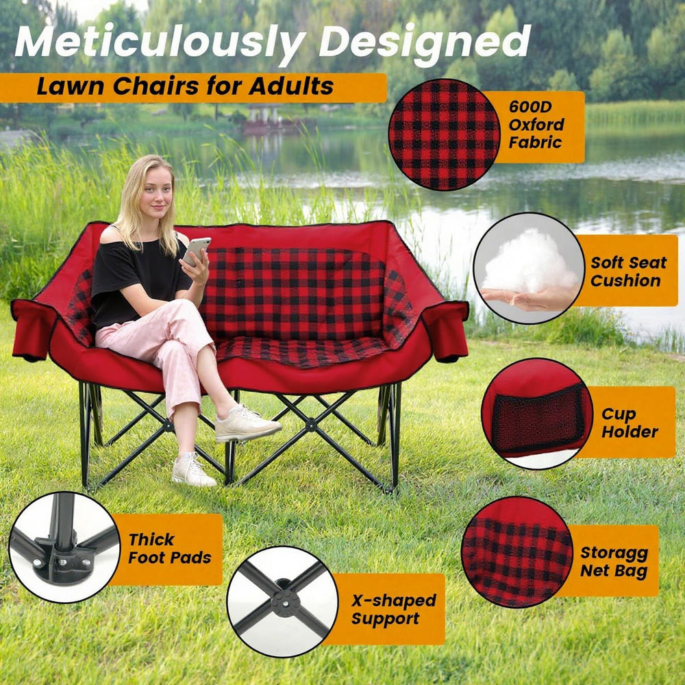 Heated Double Camping Chair with 2 Battery, Padded Camping Couch with 3 Heat ...