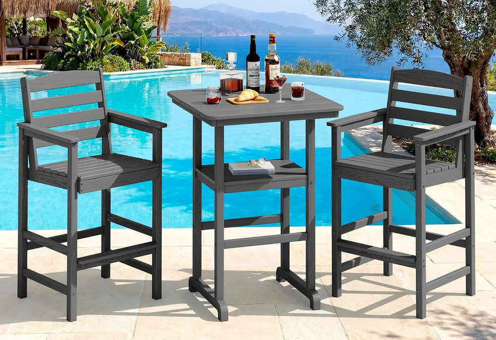 SERWALL 3 Pcs HDPE Bar Height Chairs and Double Layer Pub Table Set, Gray