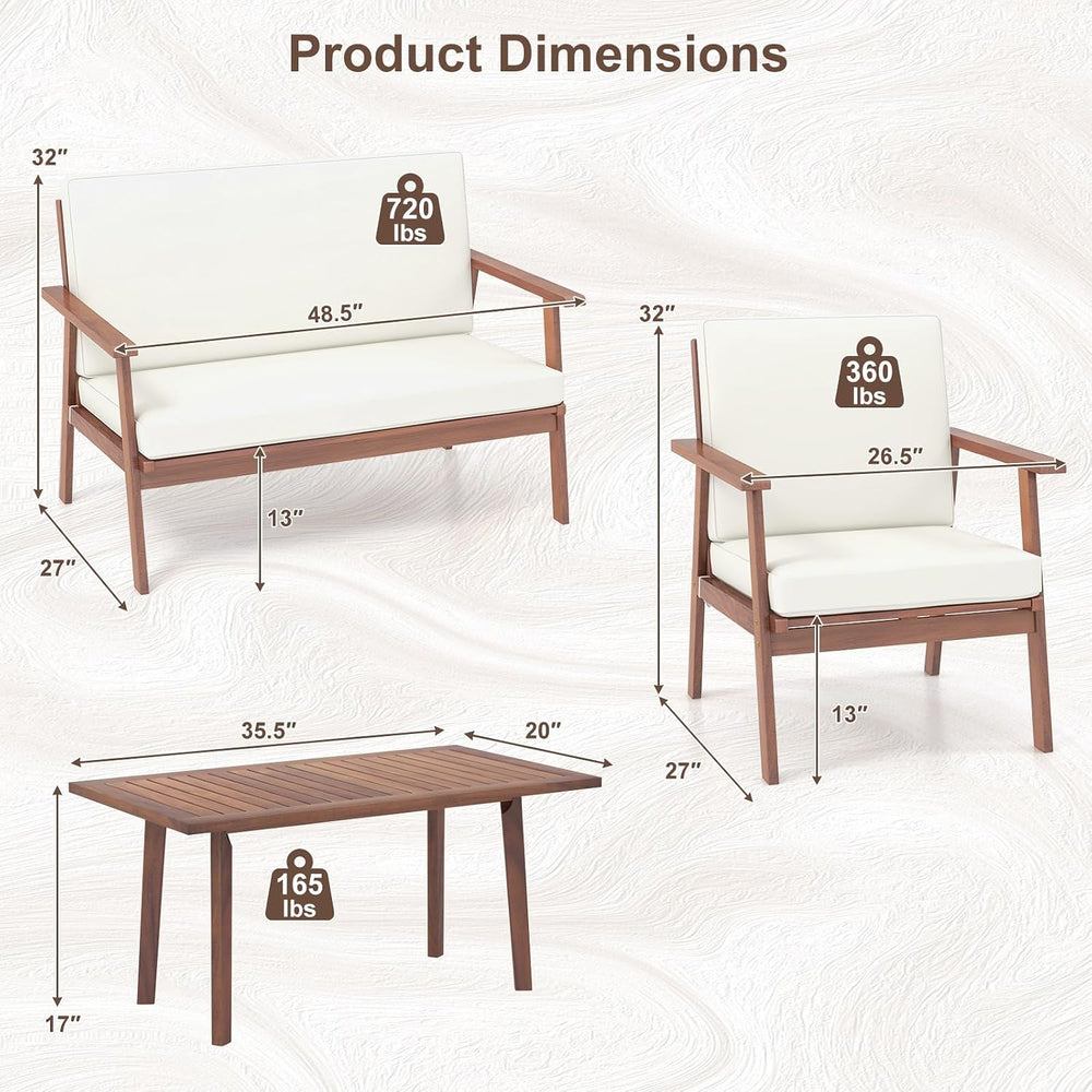 Tangkula 4 Piece Outdoor Conversation Set, Acacia Wood Sofa Set with Soft Sea...