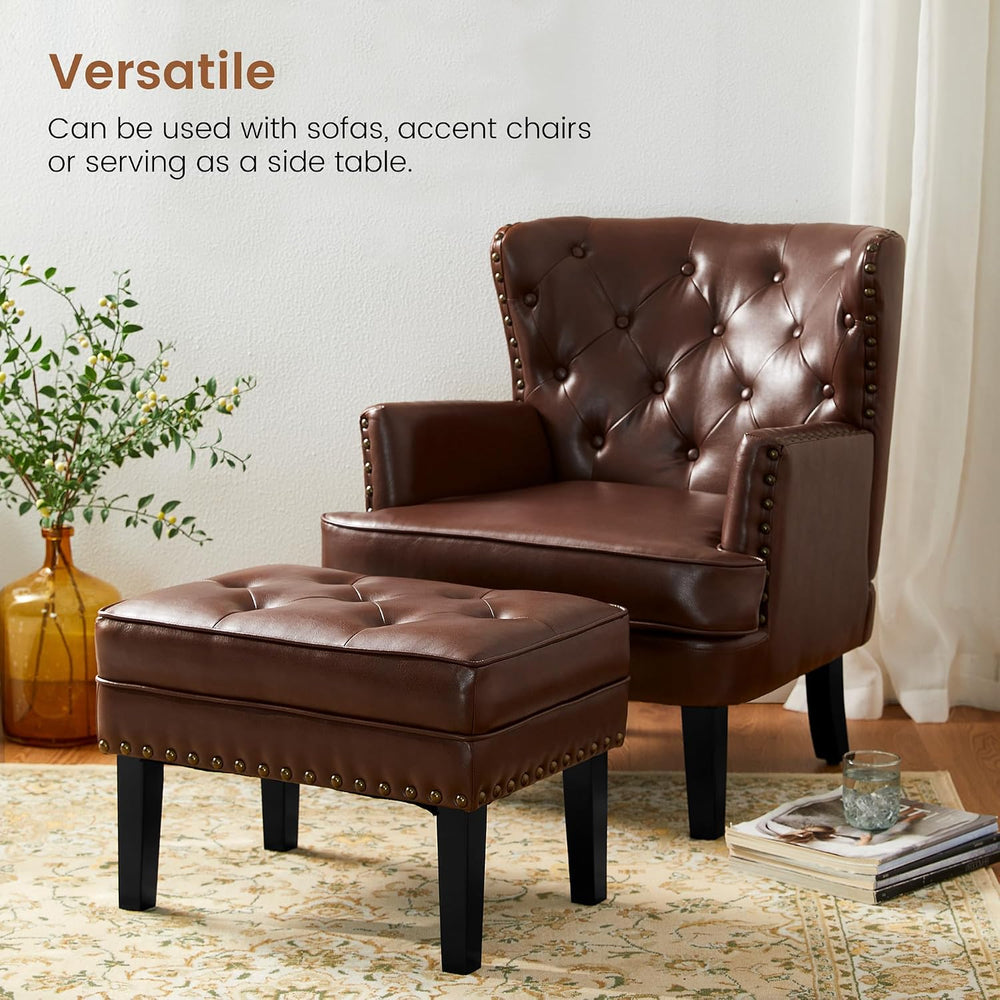 Glitzhome Mid-Century Faux Leather Ottoman, Modern Accent Stool PU Leather Fo...