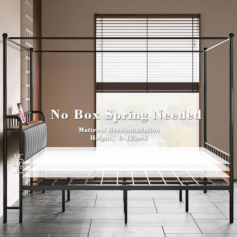 LIKIMIO King Canopy Bed Frame, Storage Headboard with Charging Station