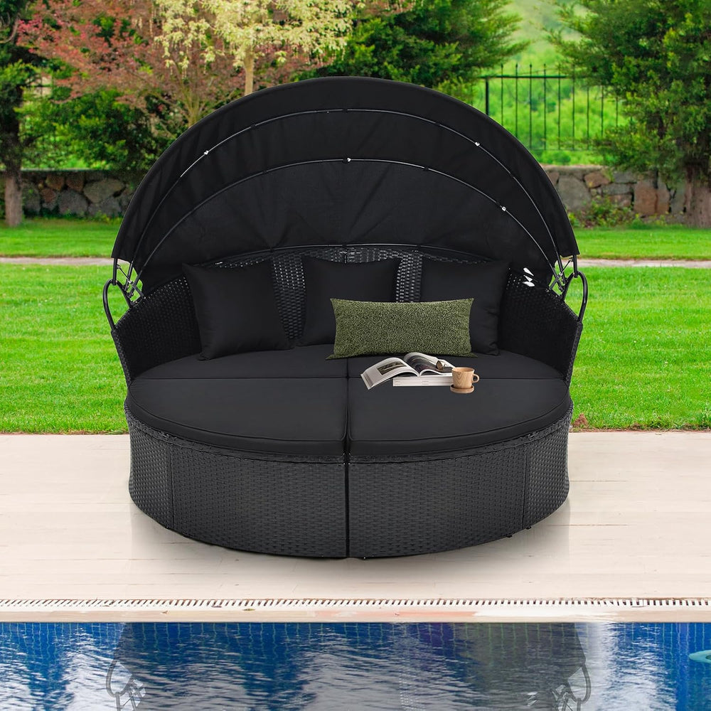 Tangkula Outdoor Patio Round Daybed with Retractable Canopy, Black Rattan Wic...