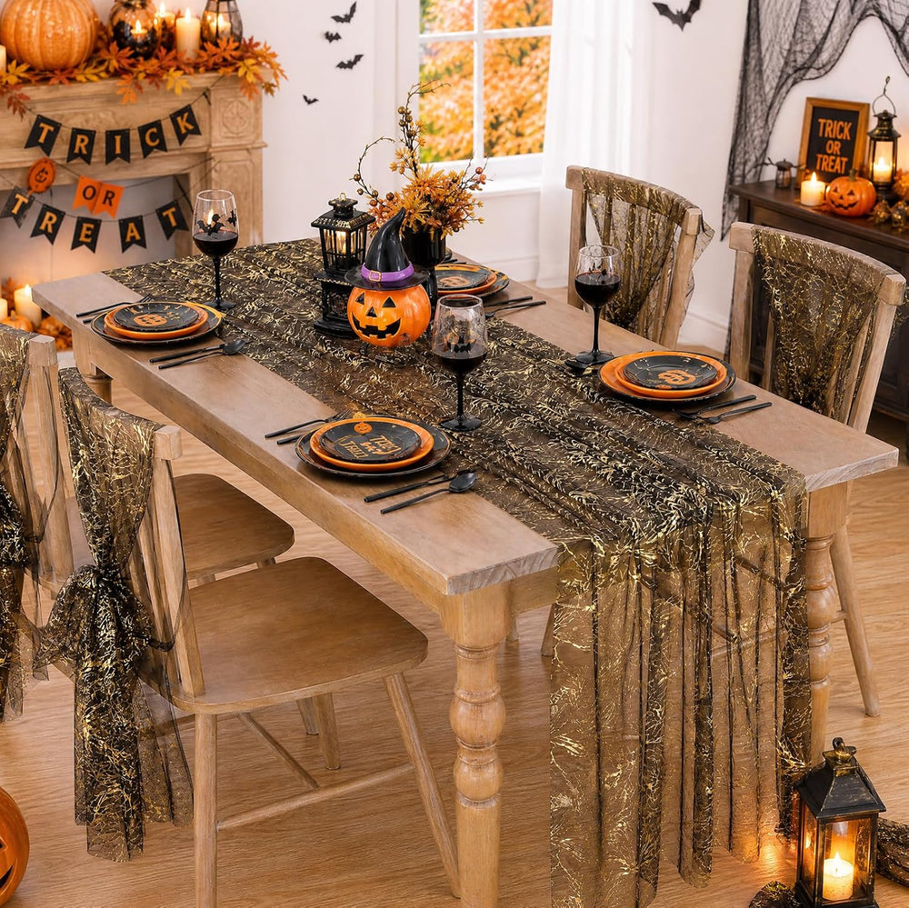 Halloween Black Table Runner Gold Party Decorations 10ft 3pcs Gauze Tulle