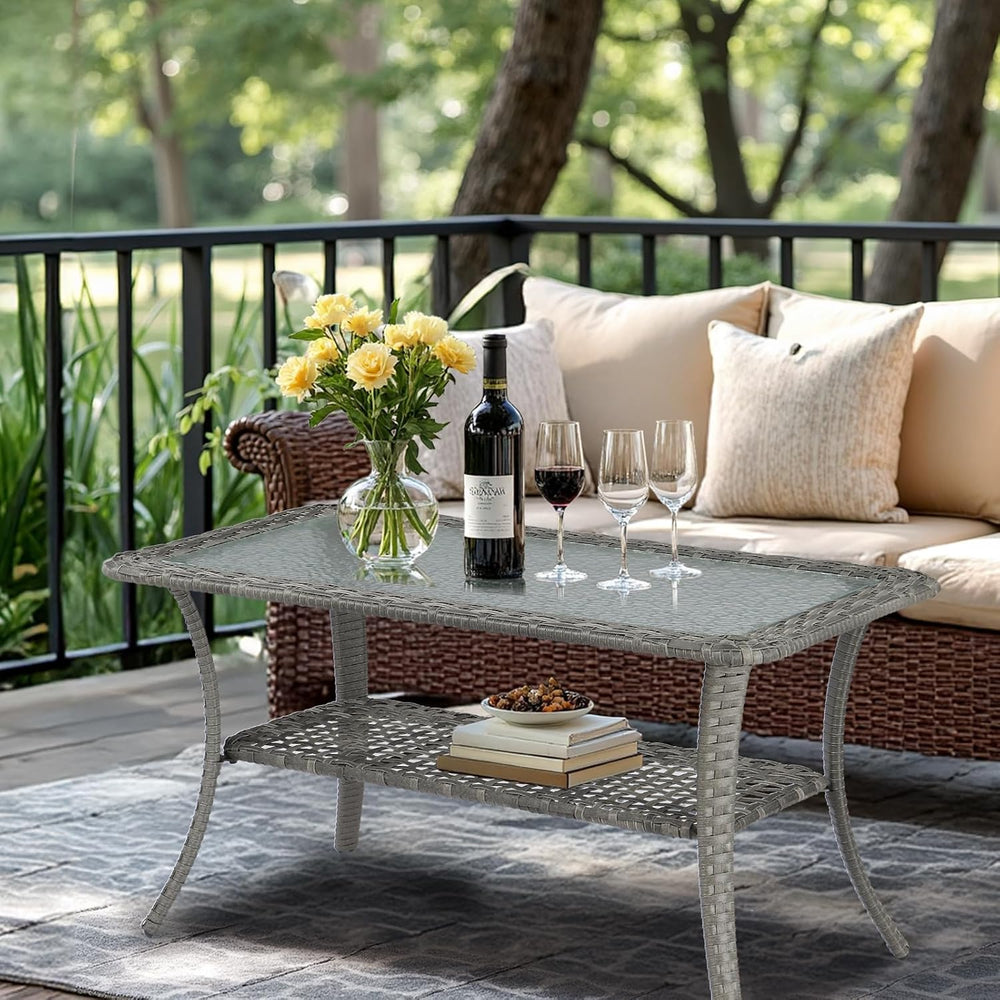 VINGLI Outdoor Coffee Table with Storage Wicker Patio Coffee Table, Tempered ...