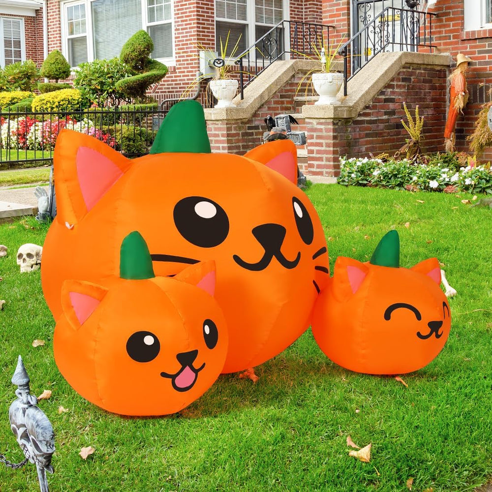 COMIN Halloween Inflatable 5FT Long Three Pumpkin Cat Head Combo with Built-i...