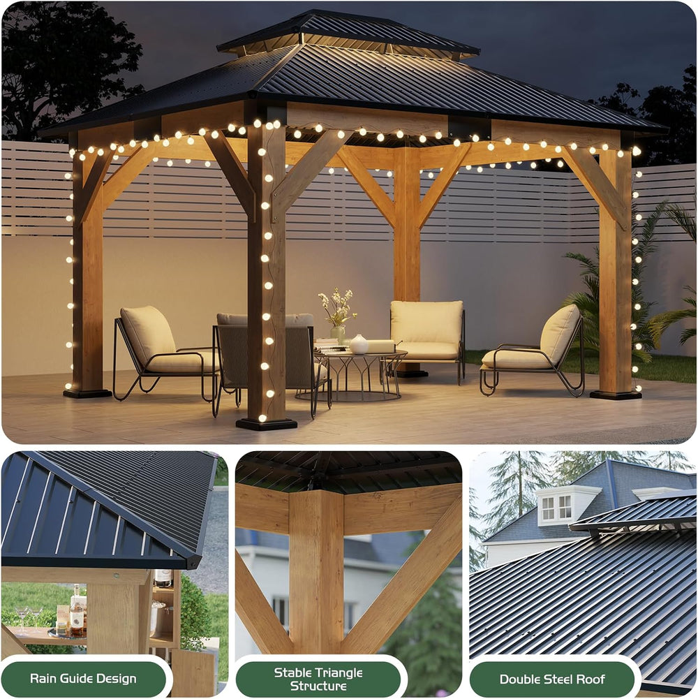 AMERLIFE 10x12 Wood Gazebo, Hardtop Gazebo with Spruce Frame and Double Metal...