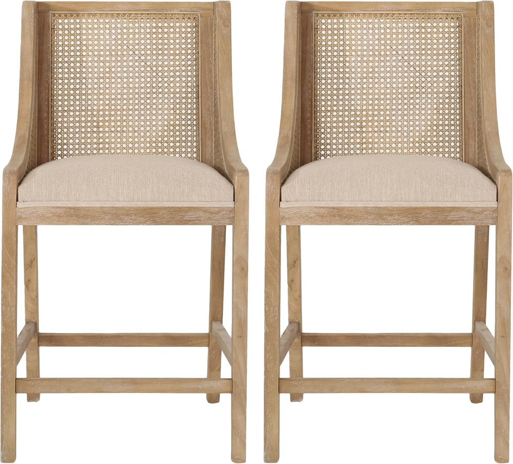 Merax 25.5" Fabric Upholstered Wood and Cane Counter Stools with Backres...