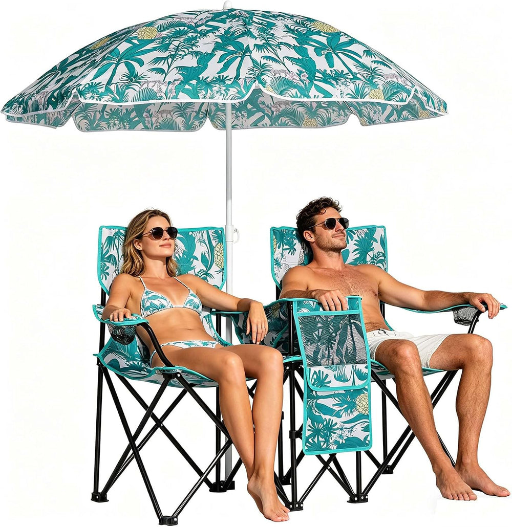Anwick Folding Double Camping Chair with Umbrella (Green)