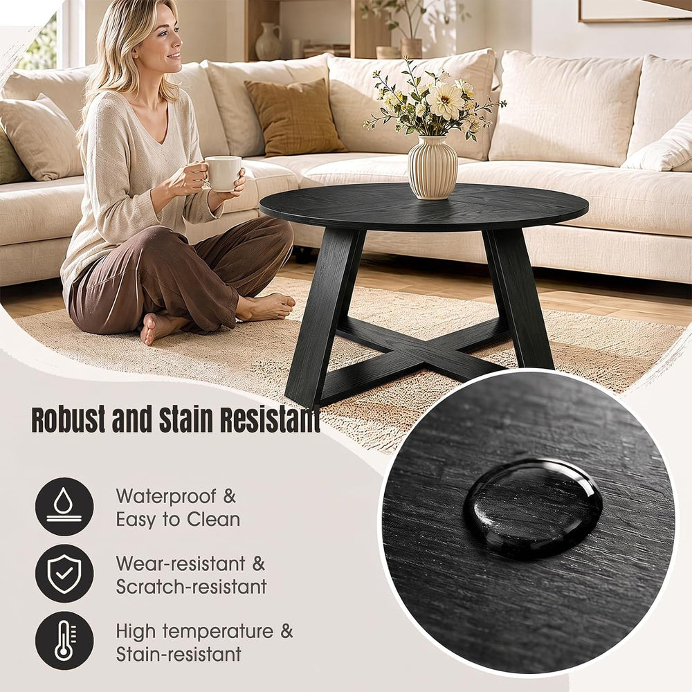 HAIOOU Round Coffee Table for Living Room with Open Storage Black Wooden