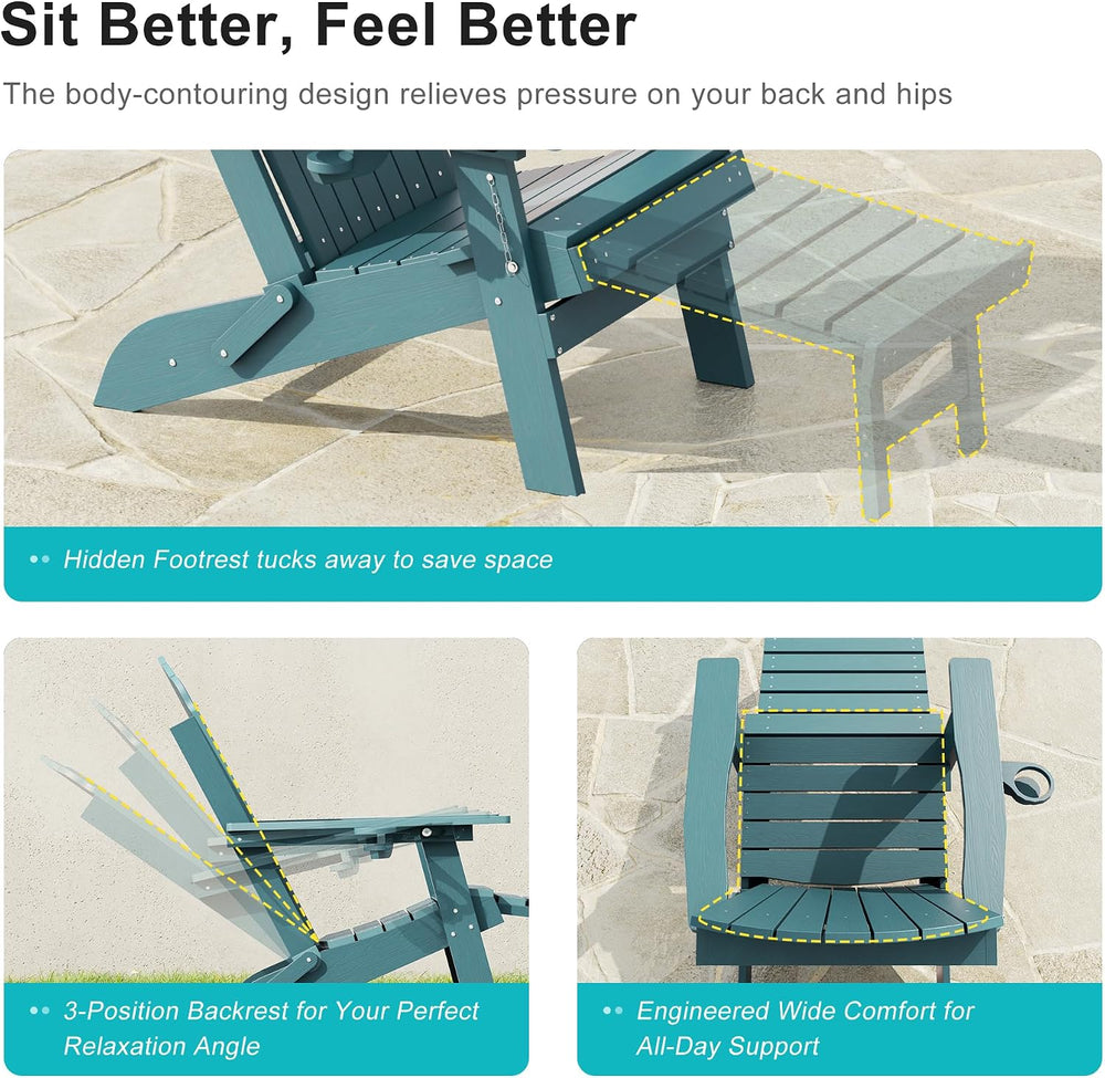 HDPE Folding Adirondack Chair with Footrest, 3-Position Adjustable