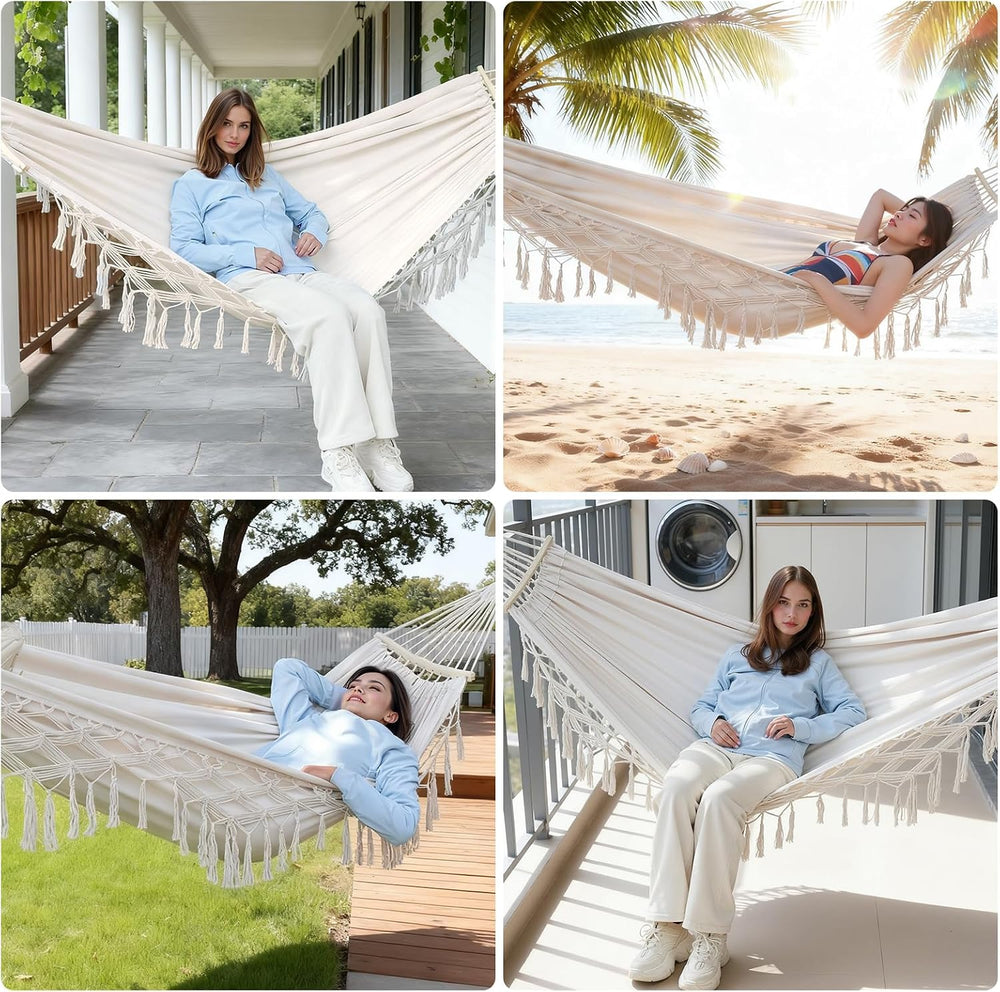 Portable Double Hammock, Hanging Hammock with Tassels and Fishtail Knitting, ...