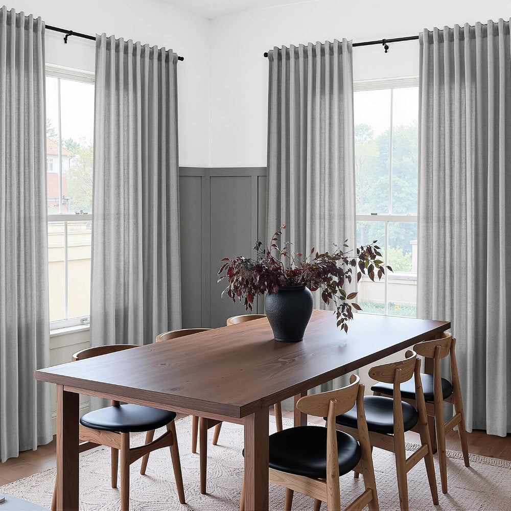 SMABU Linen Curtains 90 Inch Long for Living Room Hook Belt 2 Panels Gray