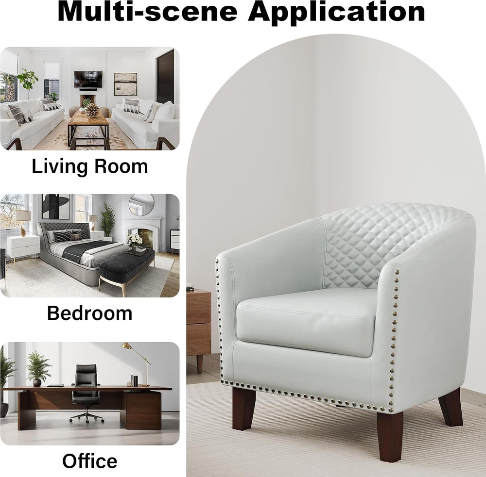 Faux Leather Barrel Accent Chair with Nailhead, White, Set of 2