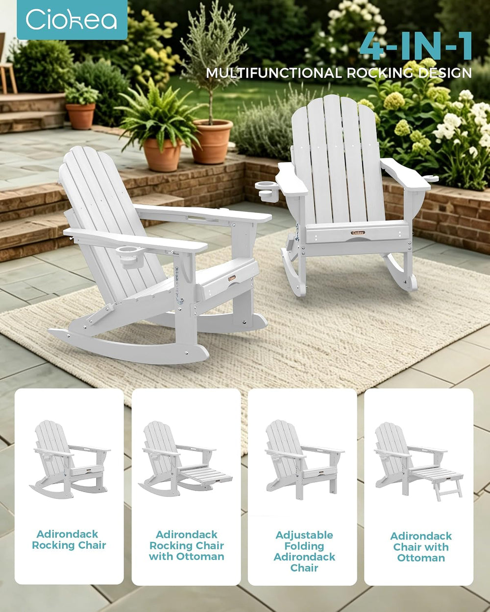 Ciokea Adirondack Rocking Chair with Ottoman, Foldable HDPE Rocker (White)