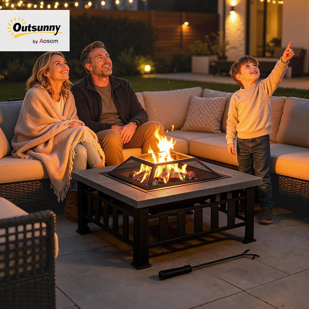Outsunny 34" Outdoor Fire Pit Square Steel Wood Burning Firepit Bowl