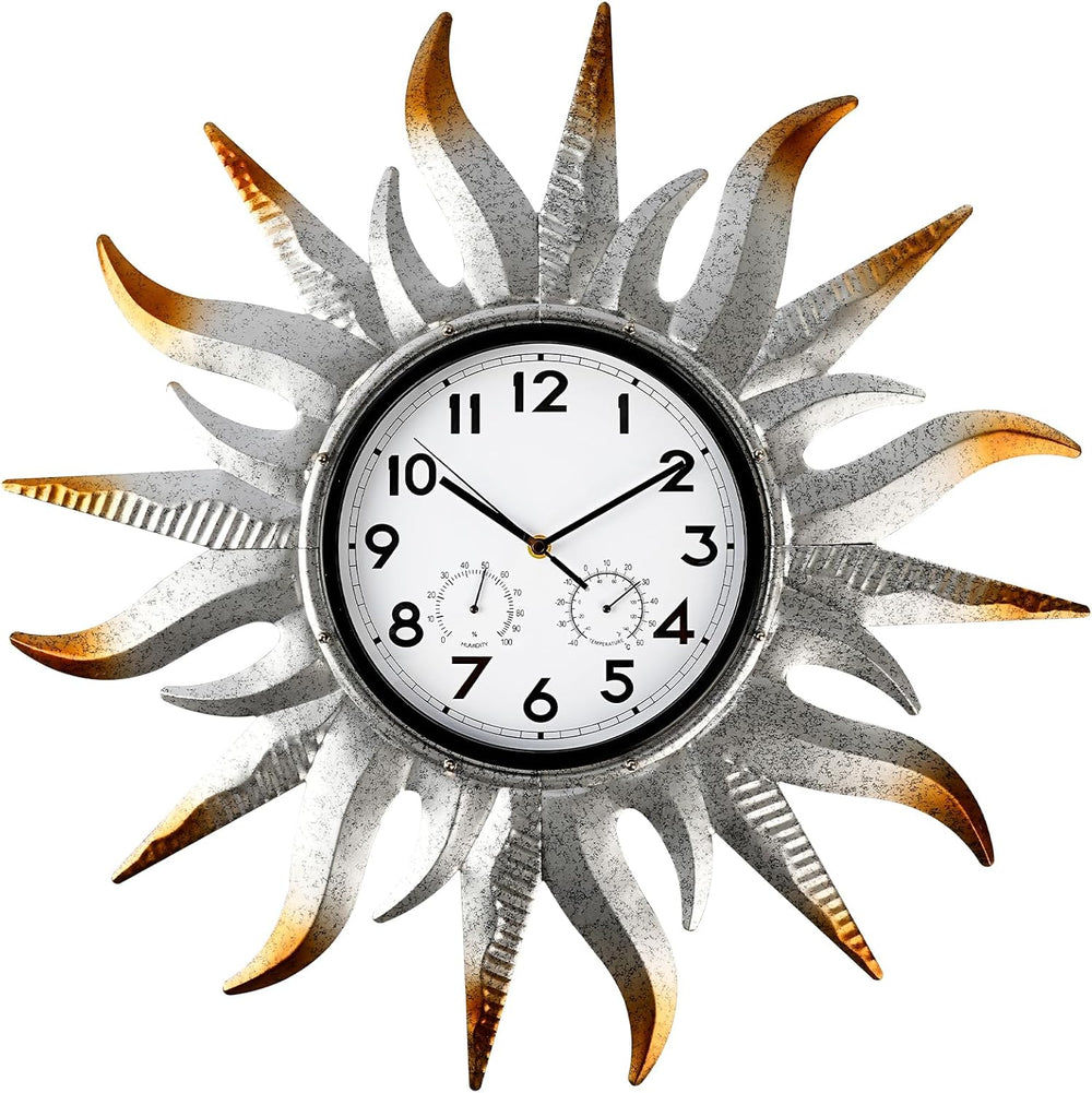 25-Inch Sun-Shaped Outdoor Clock and Thermometer Set, 10-Inch Dial, Battery P...